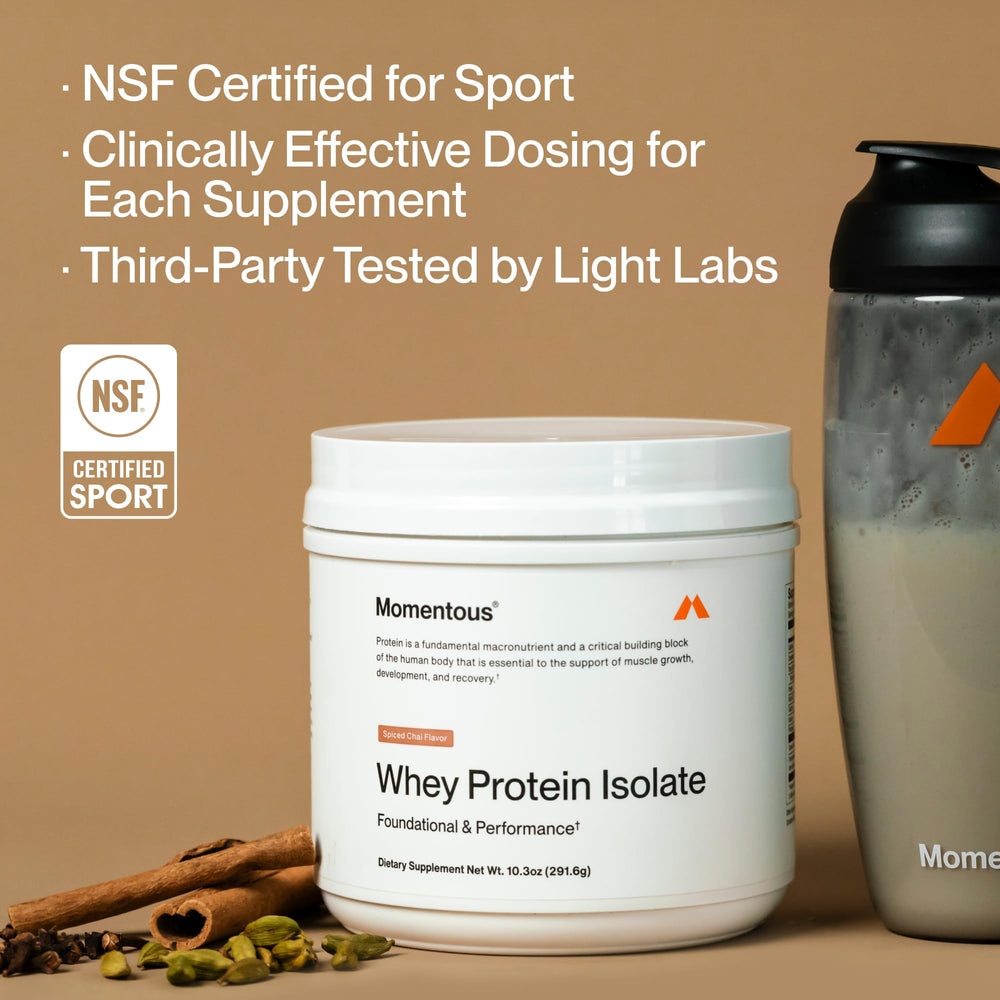 Momentous Spiced Chai whey powder label highlighting NSF and gluten-free claims.