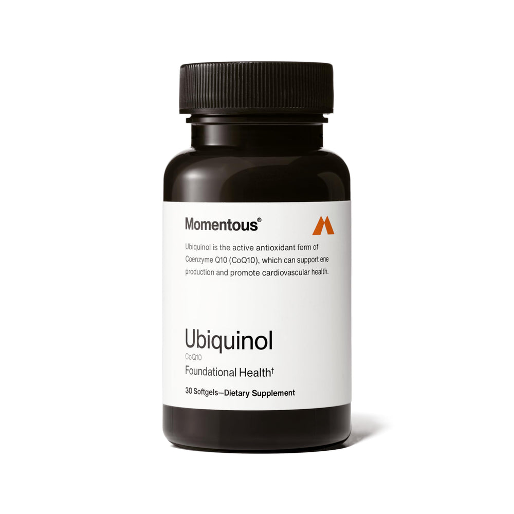 Momentous Ubiquinol bottle shot for on-the-go energy support