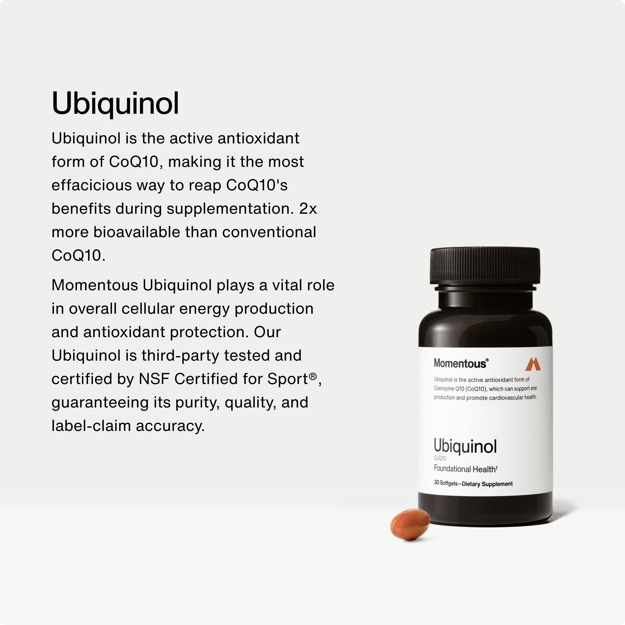 Momentous Ubiquinol softgels close-up highlighting bioavailable CoQ10