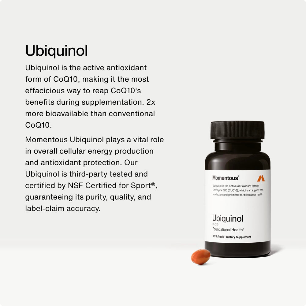Momentous Ubiquinol softgels close-up highlighting bioavailable CoQ10