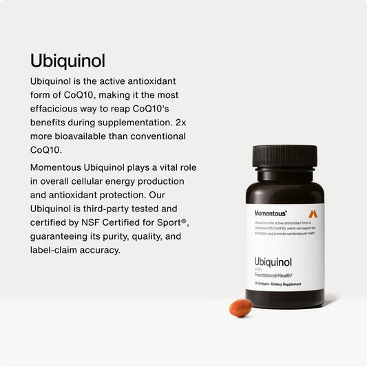 Momentous Ubiquinol softgels close-up highlighting bioavailable CoQ10