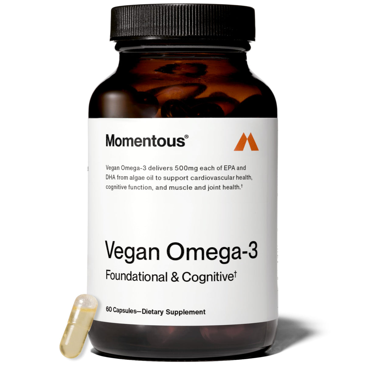 Momentous Vegan Omega-3 bottle with capsules for daily heart and brain support.