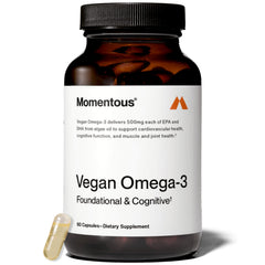 Momentous Vegan Omega-3 bottle with capsules for daily heart and brain support.