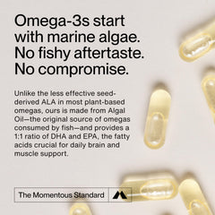 Momentous Vegan Omega-3 EPA and DHA label close-up from algae source.