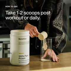 Momentous vegan protein powder 20 g serving shown for performance-oriented protein intake.