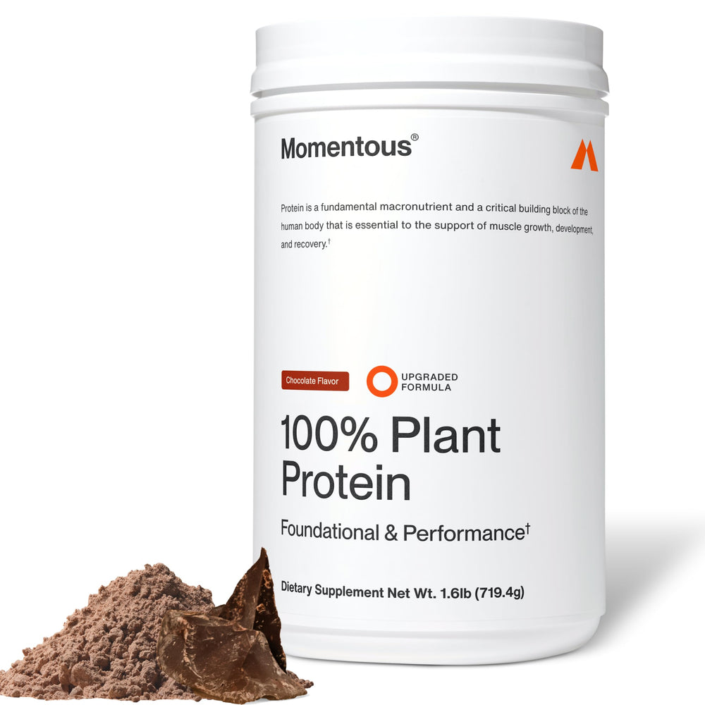 Momentous vegan protein powder chocolate canister on countertop highlighting dairy-free protein per serving.