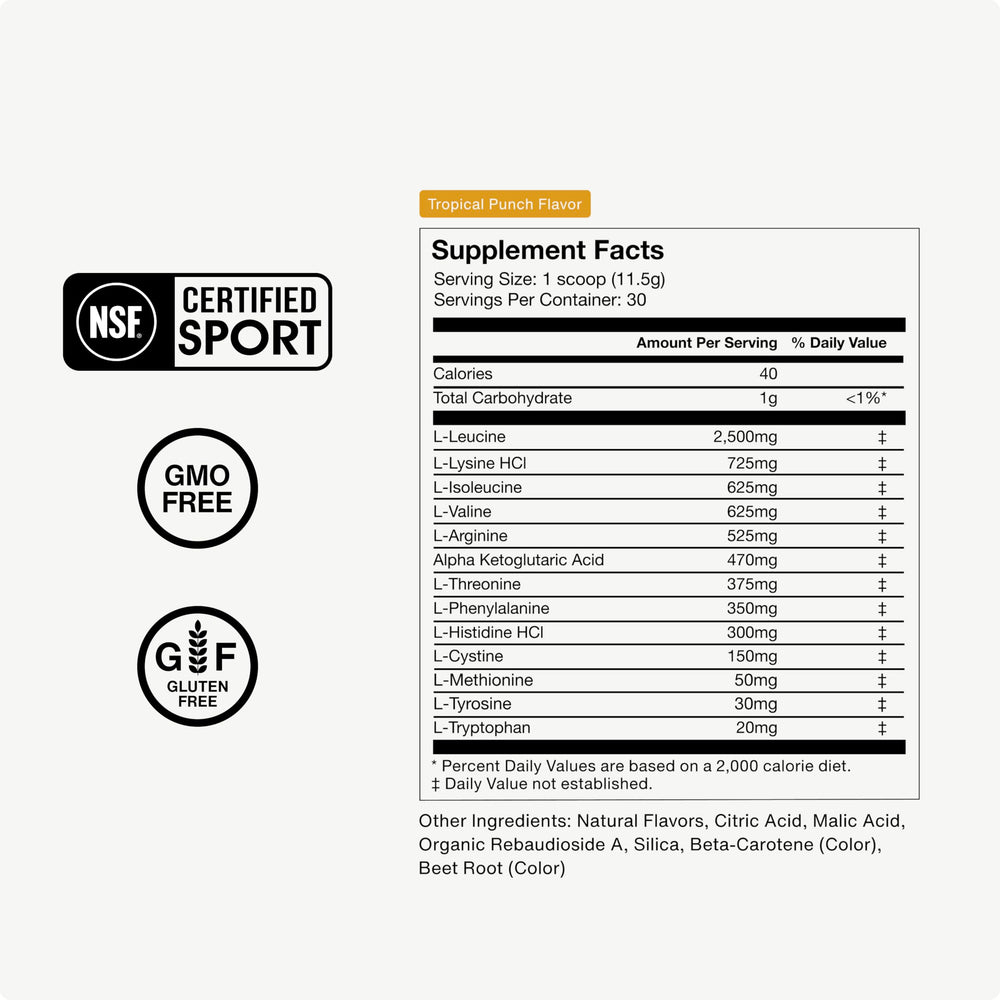 Momentous Vital Aminos label shot highlights NSF Certified for Sport and gluten-free features.