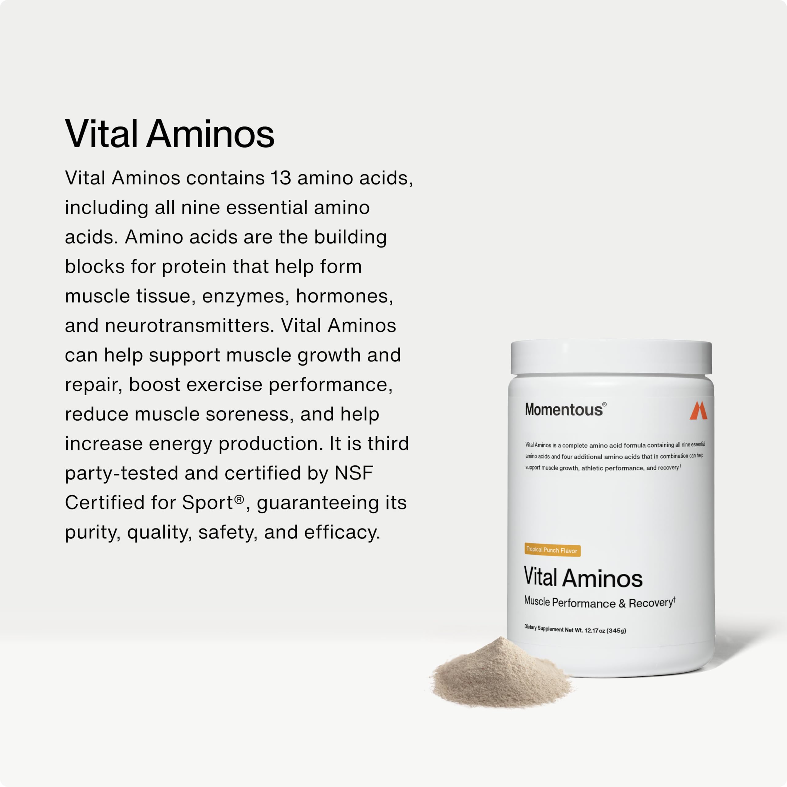 Momentous Vital Aminos scoop image illustrating easy-to-mix powder ideal for pre or post workout.