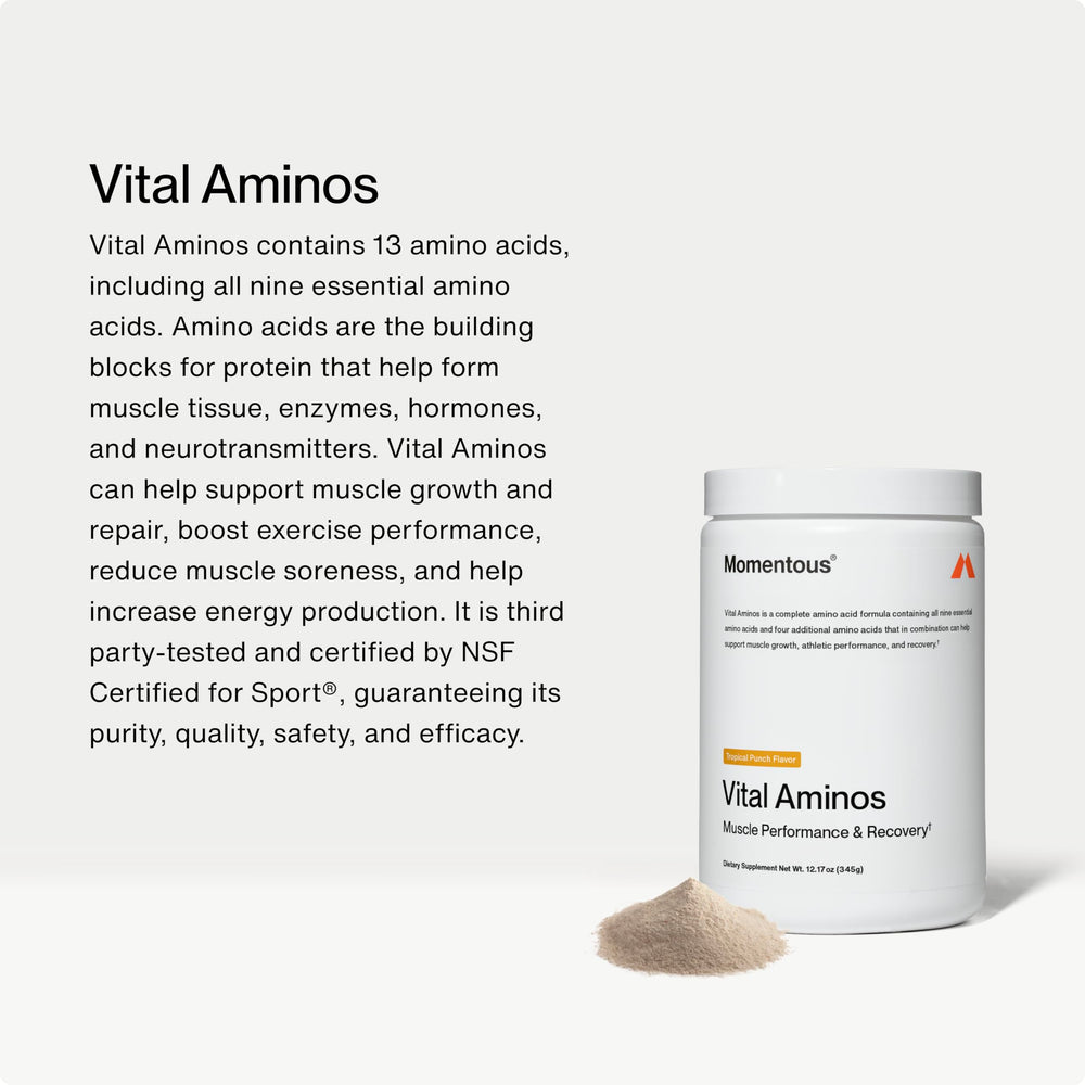 Momentous Vital Aminos scoop image illustrating easy-to-mix powder ideal for pre or post workout.