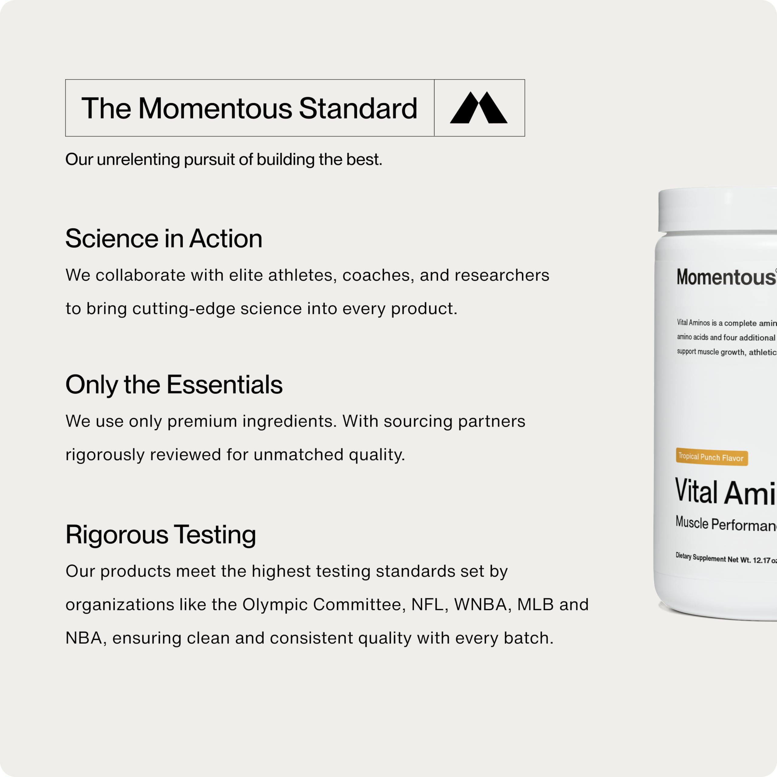 Momentous Vital Aminos tub closeup emphasizes the 13-amino acid blend and 6 g protein per serving.
