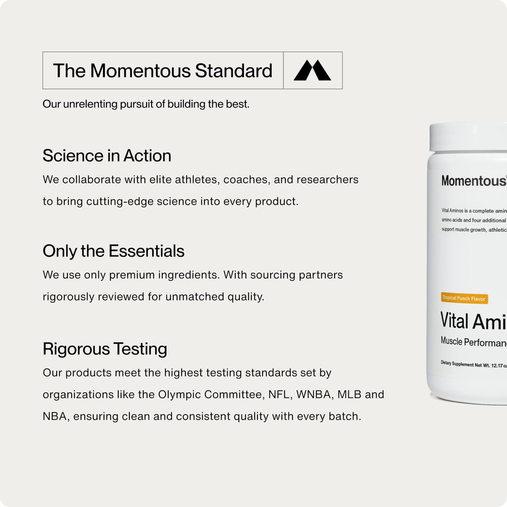 Momentous Vital Aminos tub closeup emphasizes the 13-amino acid blend and 6 g protein per serving.