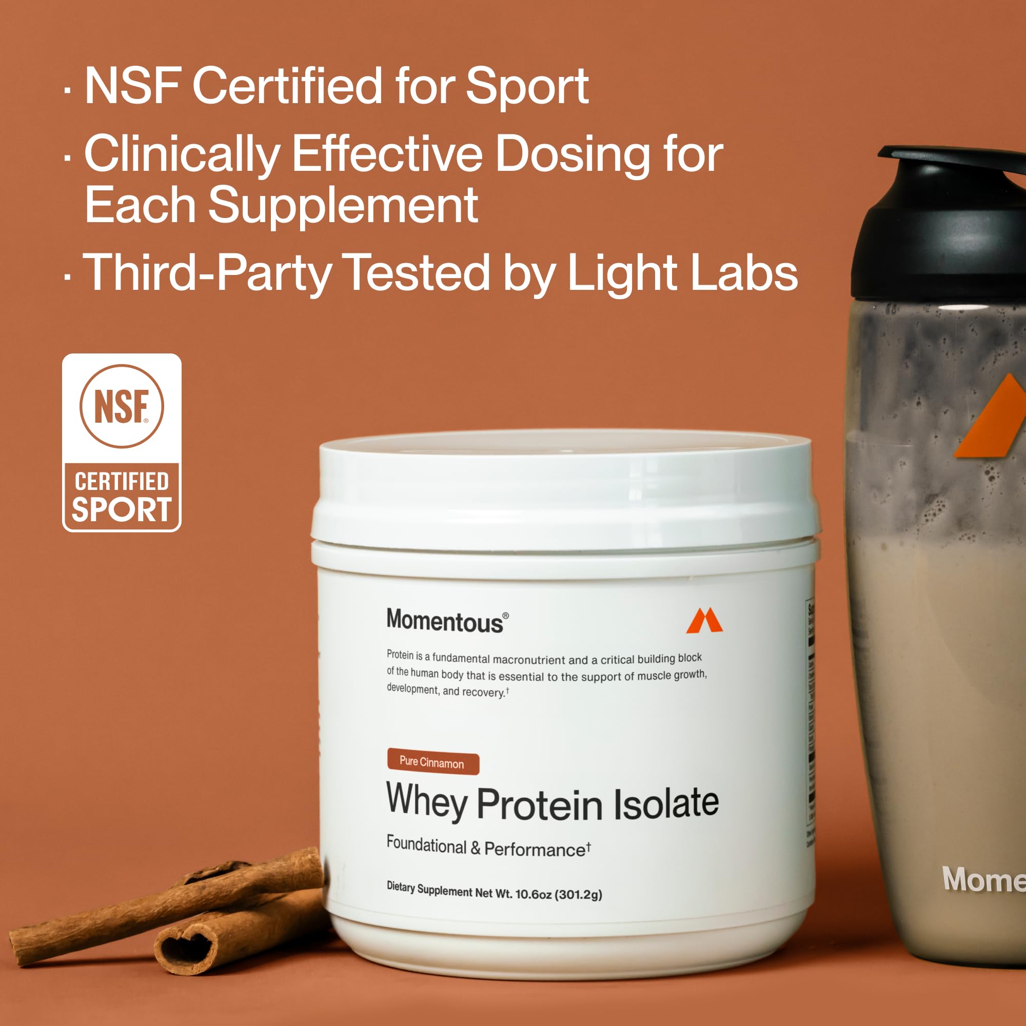 Momentous whey powder poured into a glass for quick post-workout fuel.