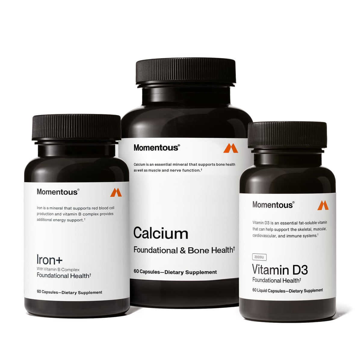Momentous Women's Three bottle front shows Iron+, Calcium, and D3 formula for everyday energy