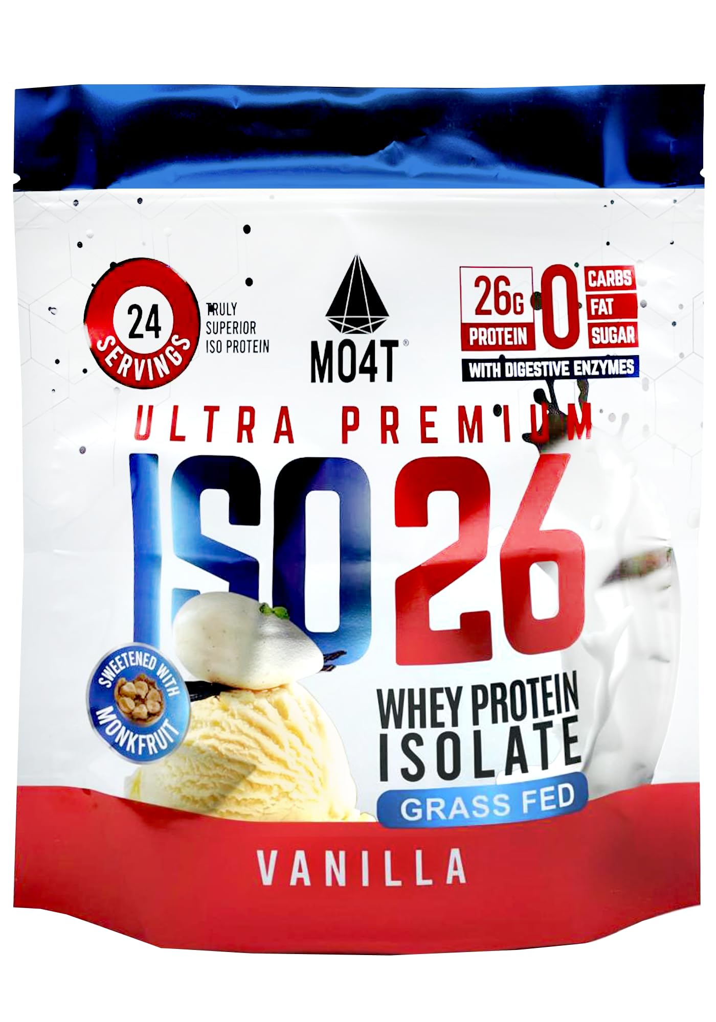 MOMOF4TRANSFORM ISO26 bottle showing grass-fed whey for clean protein and lean muscle support.