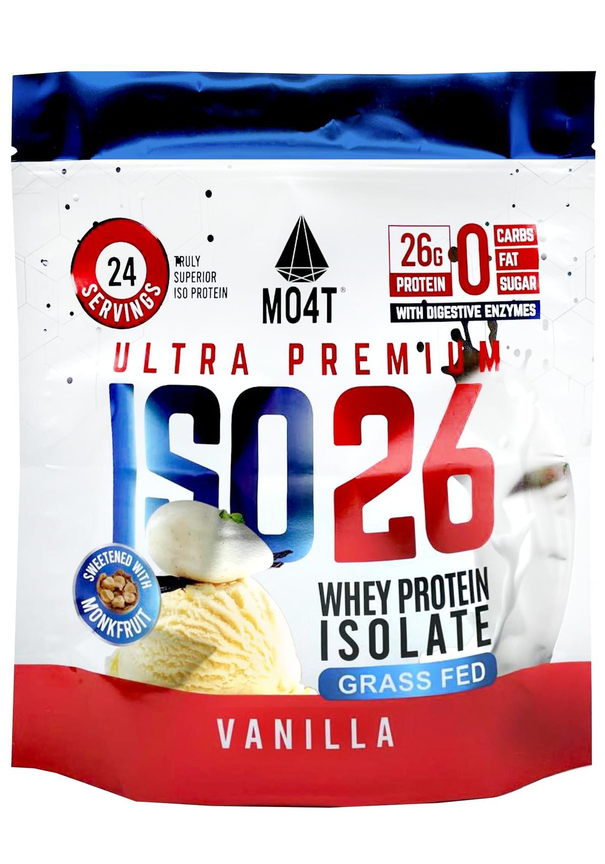 MOMOF4TRANSFORM ISO26 bottle showing grass-fed whey for clean protein and lean muscle support.