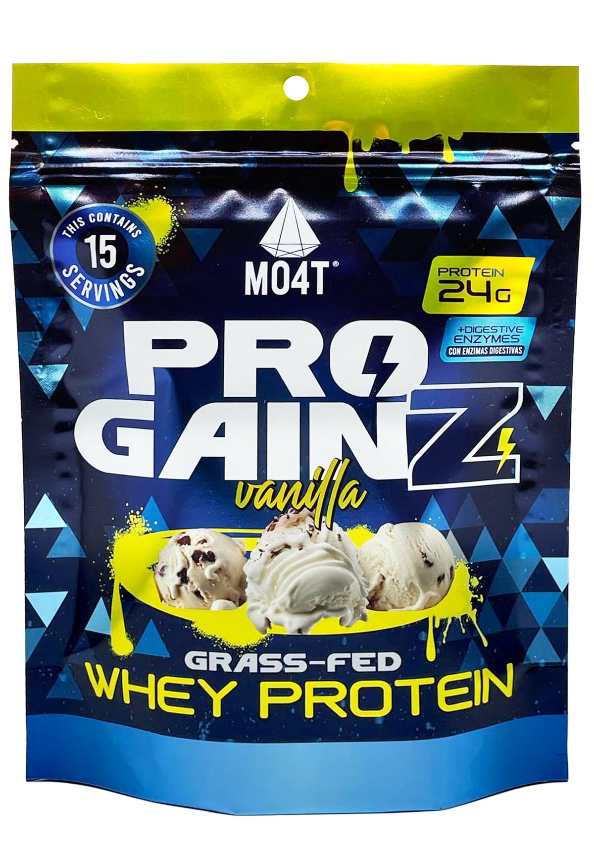 MOMOF4TRANSFORM MO4T ProGainz grass-fed whey bottle showing premium protein for recovery.