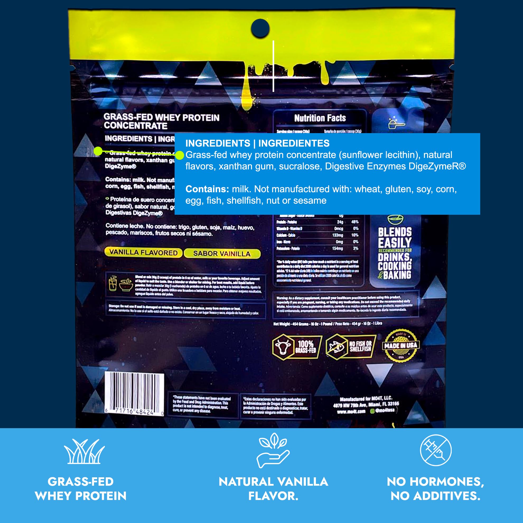 MO4T ProGainz protein powder jar closeup emphasizing gluten-free, low-carb profile.