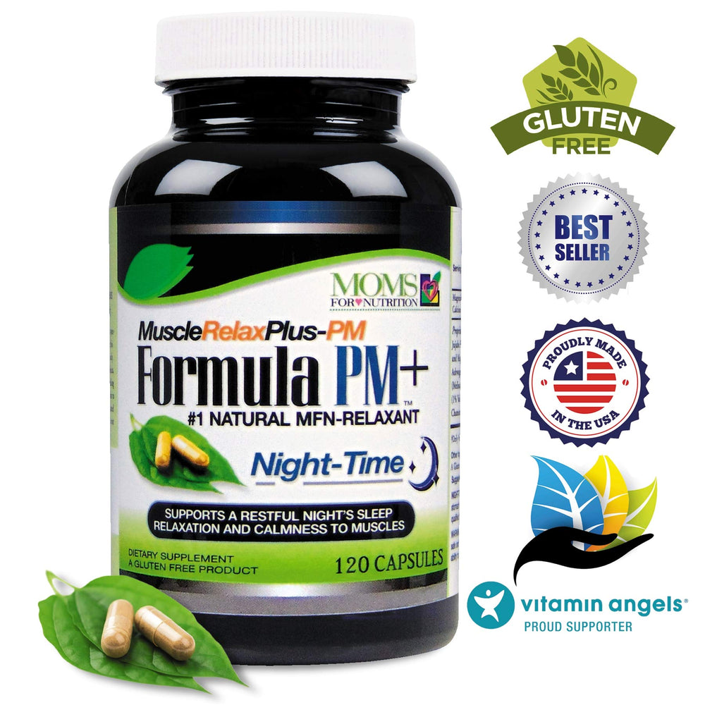 Moms For Nutrition PM Plus label highlighting a natural night-relax formula.