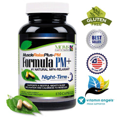 Moms For Nutrition PM Plus label highlighting a natural night-relax formula.