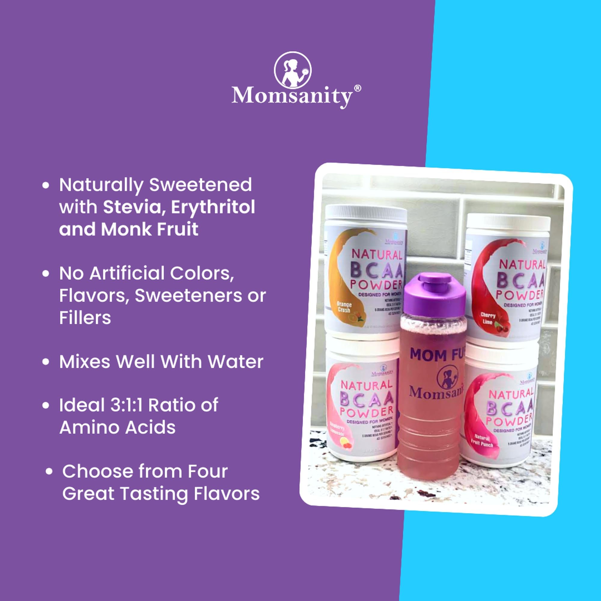 Momsanity BCaa scoop close-up for easy pre- or post-workout serving.