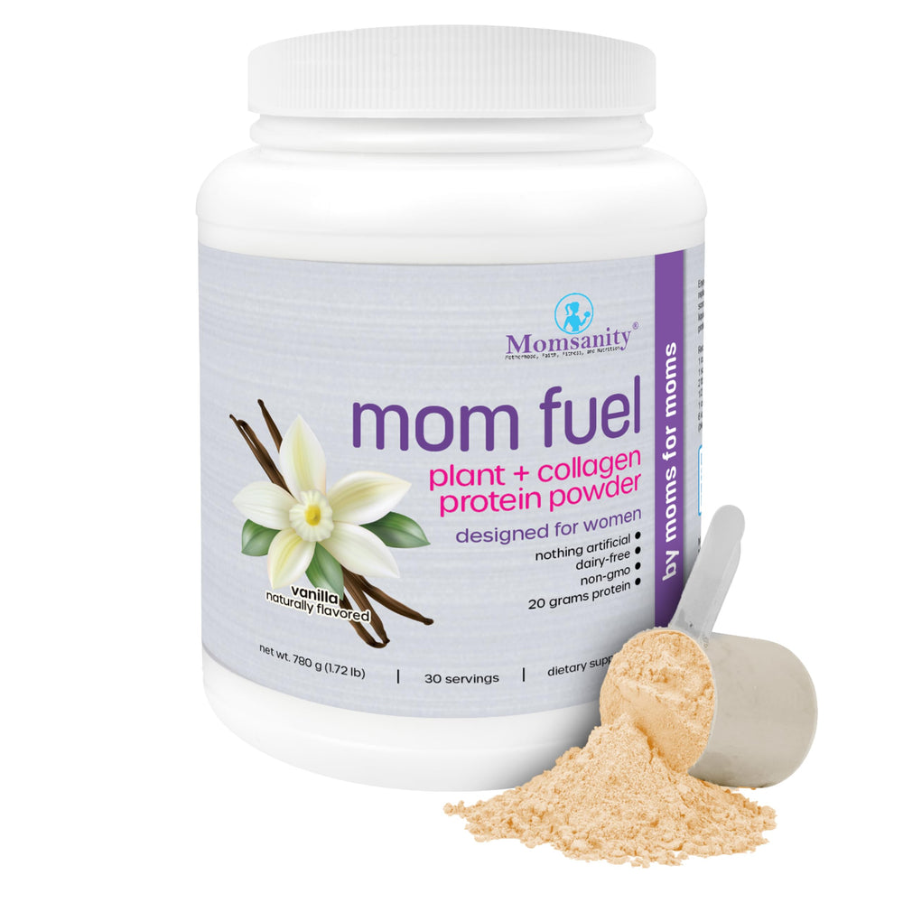 Momsanity protein tub showcases the plant and collagen blend for versatile meals.