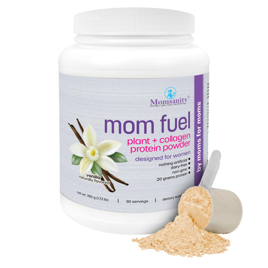 Momsanity protein tub showcases the plant and collagen blend for versatile meals.