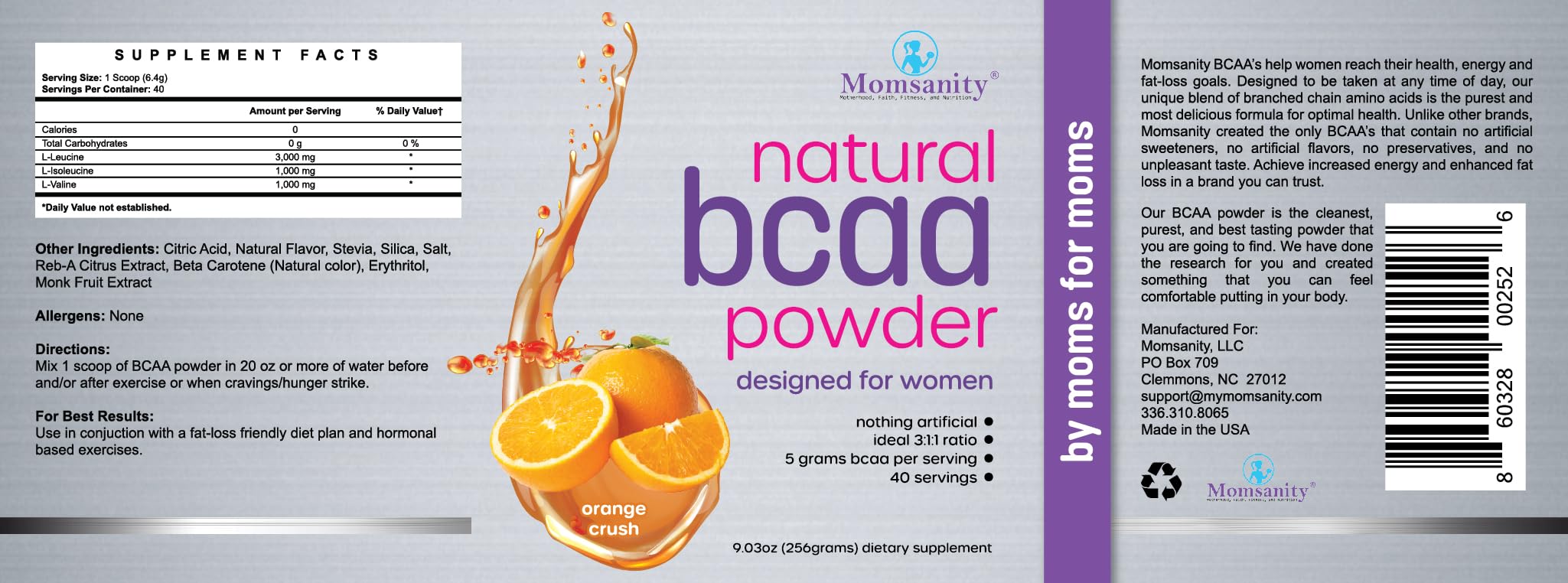 Momsanity Orange Crush BCAA powder jar front showing vegan formula for daily use