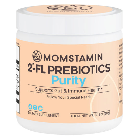 MOMSTAMIN Purity 2'-FL bottle on counter supports gut health with prebiotic nourishment