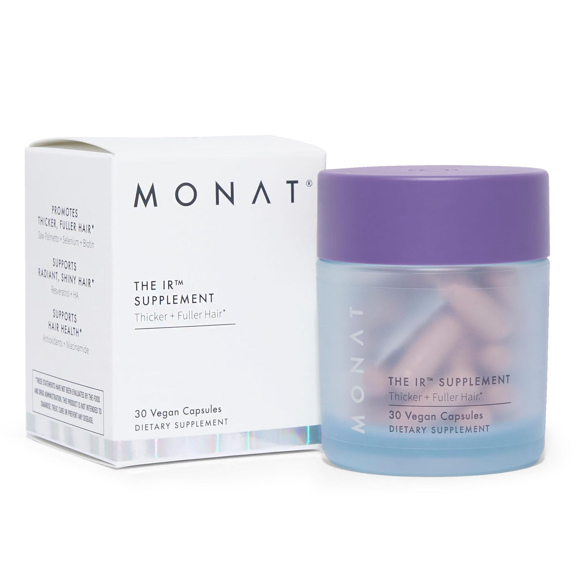 MONAT IR bottle closeup showing premium packaging for daily hair support.