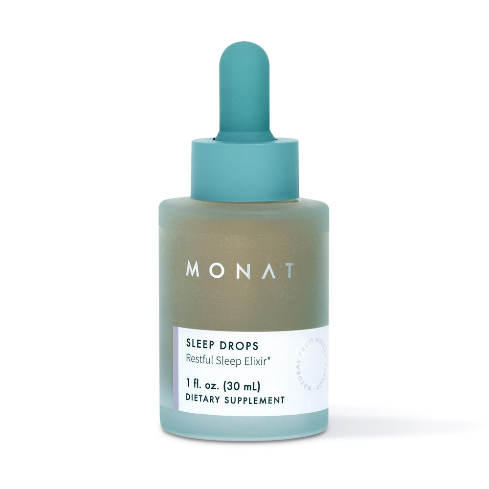 MONAT Sleep Drops bottle close up showing calm bedtime routine and natural support