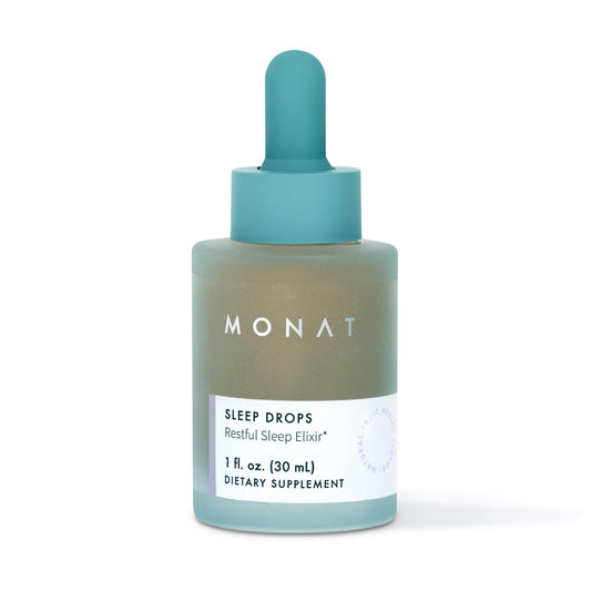 MONAT Sleep Drops bottle close up showing calm bedtime routine and natural support