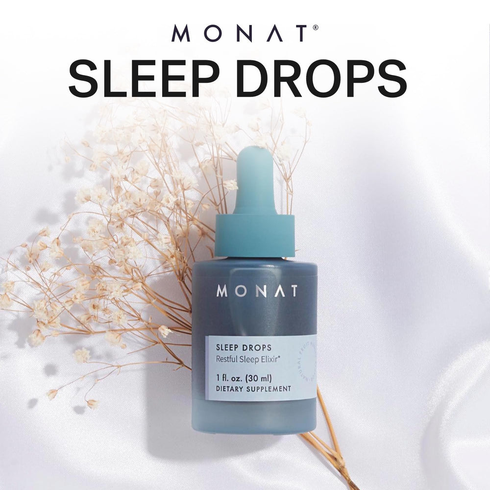 MONAT Sleep Drops packaging and bottle highlighting premium natural ingredients