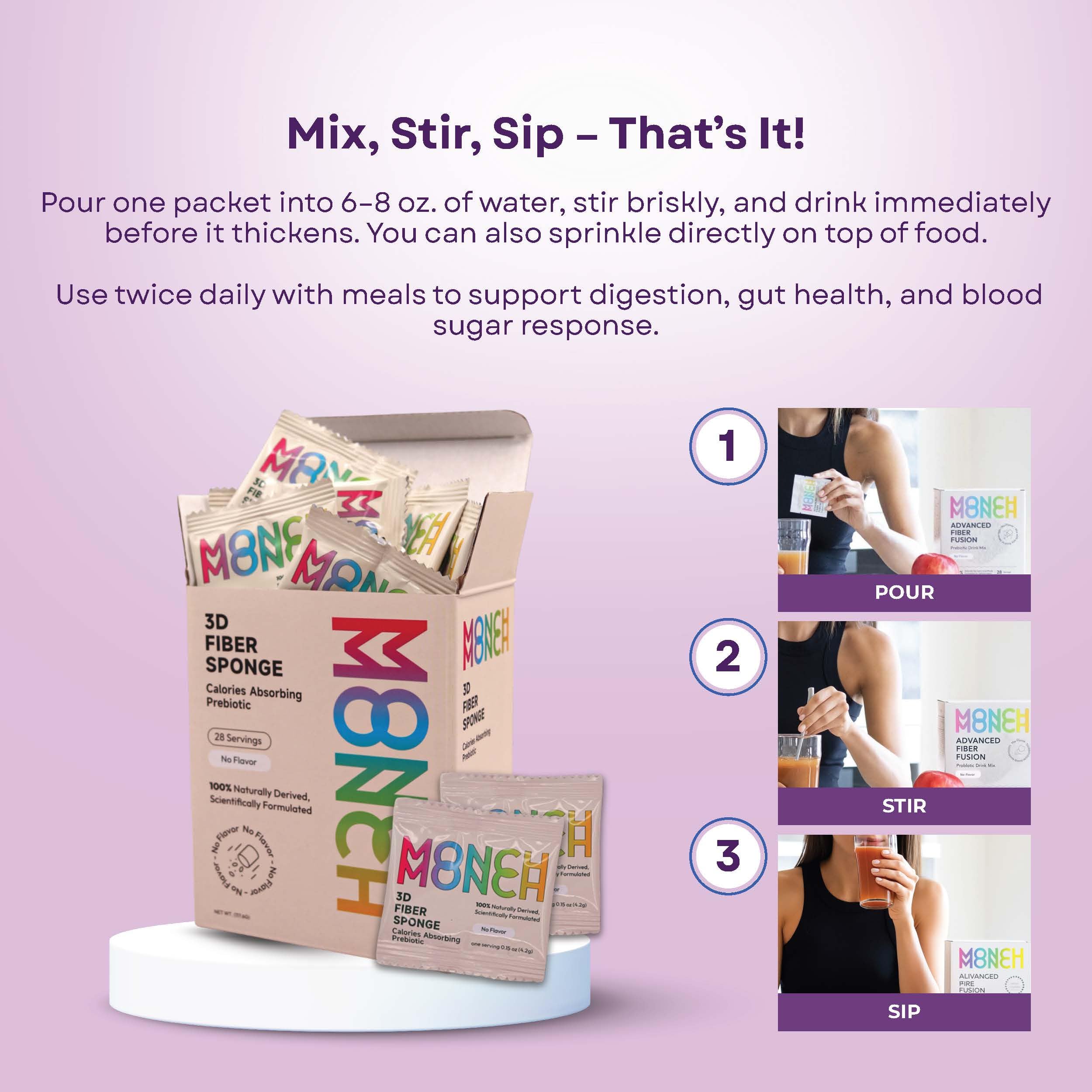 Monch Monch daily-use routine illustrates simple, portable fiber support.