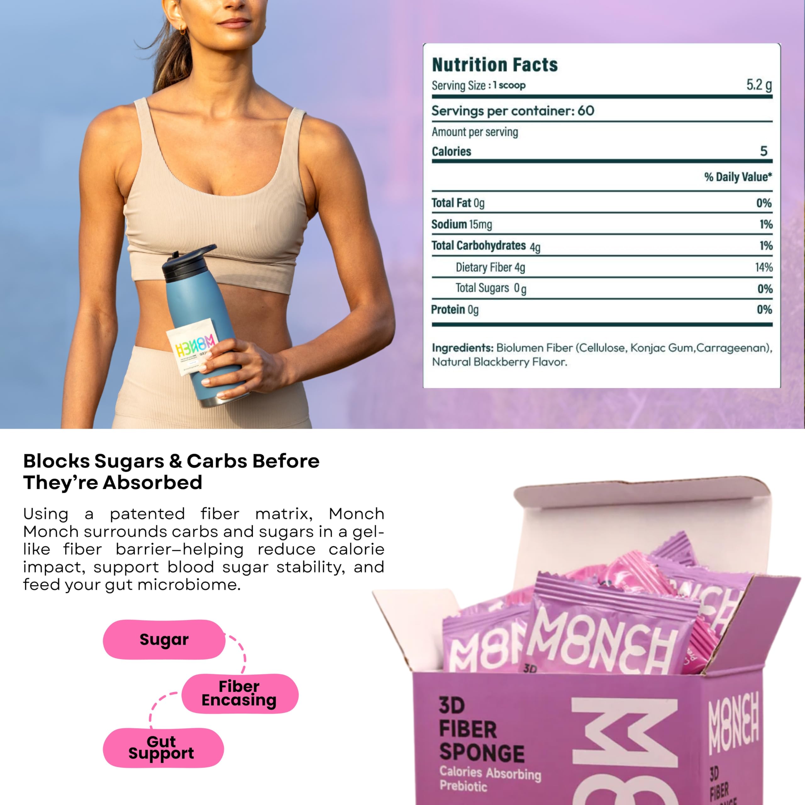 Monch Monch forest-berry fiber sponge packaging close-up communicates vegan, sugar-free formula