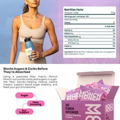 Monch Monch forest-berry fiber sponge packaging close-up communicates vegan, sugar-free formula