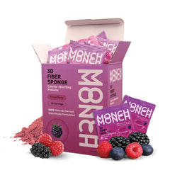 Monch Monch forest-berry fiber sponge pack showing compact daily sachets for gut-friendly routine