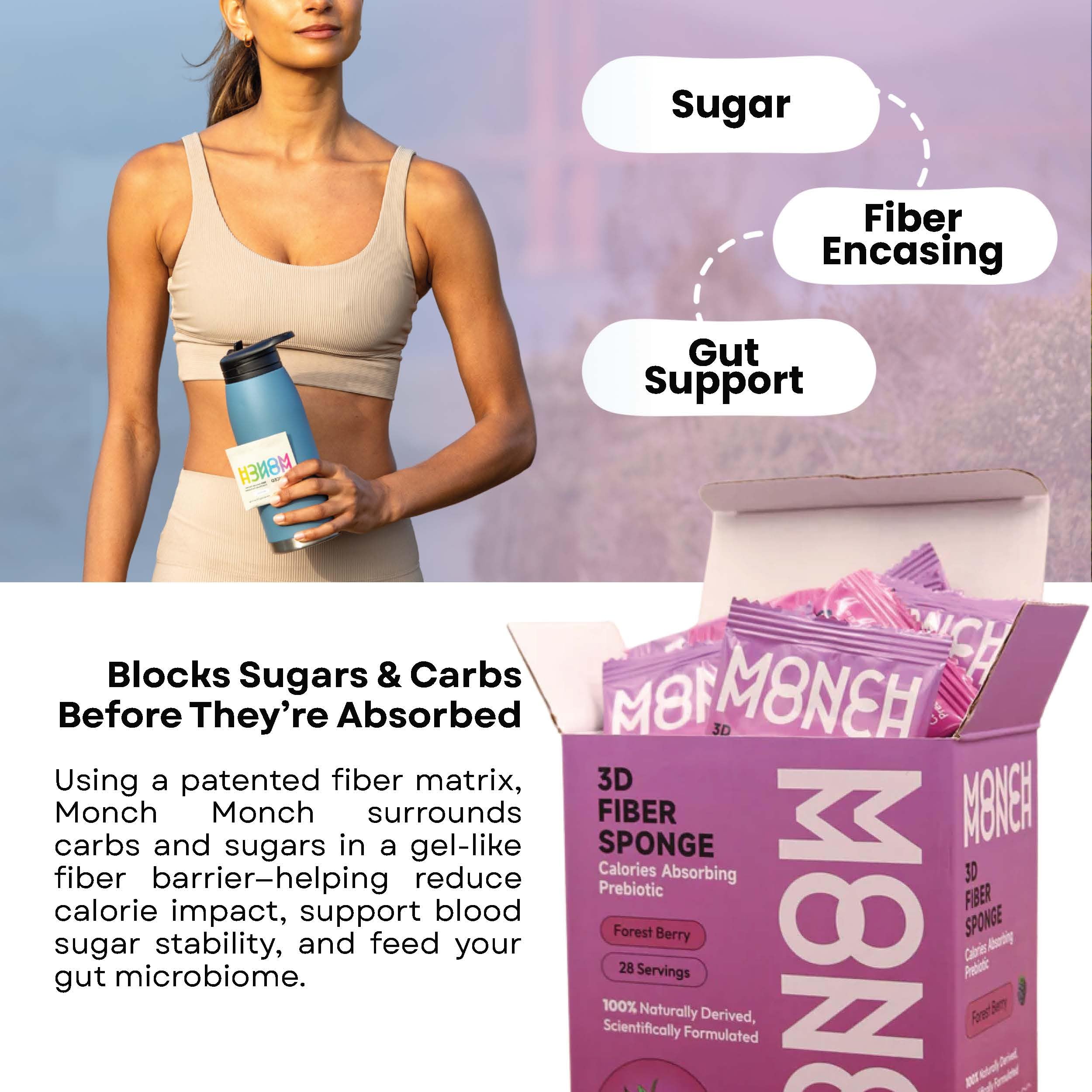 Monch Monch forest-berry fiber sponge pouring-into-glass highlights quick daily intake