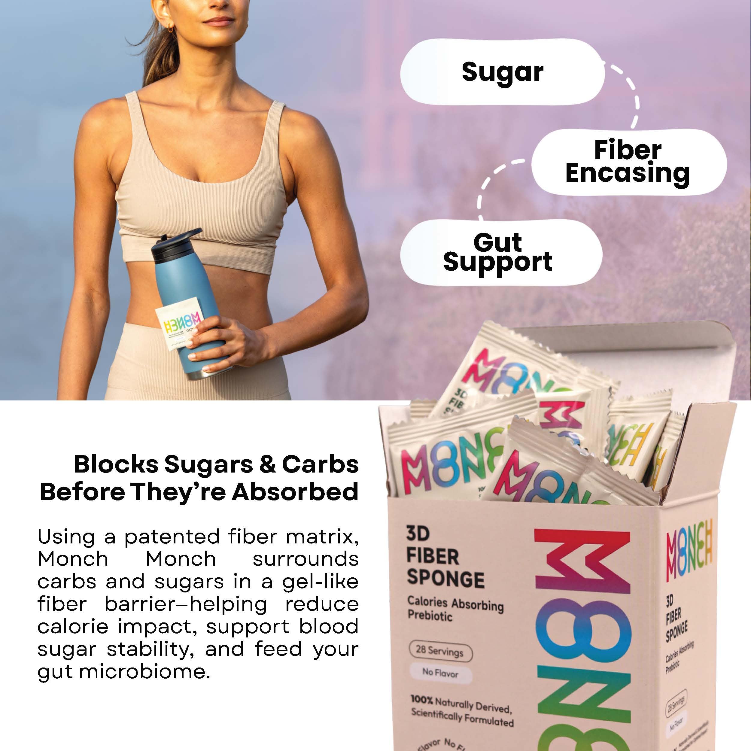 Monch Monch glass jar packaging highlights vegan, sugar-free fiber.