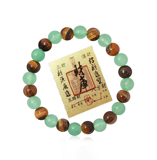 Money Feng Shui Bracelet close-up of Tiger Eye and Green Phantom Quartz beads highlighting natural patterns and warmth