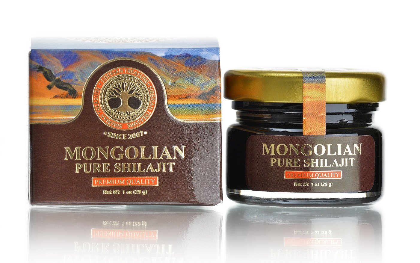 Authentic Mongolian Shilajit bottle in the Altai mountains for natural daily vitality.