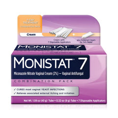 Seven Monistat applicators laid out for a seven-day dosing routine.