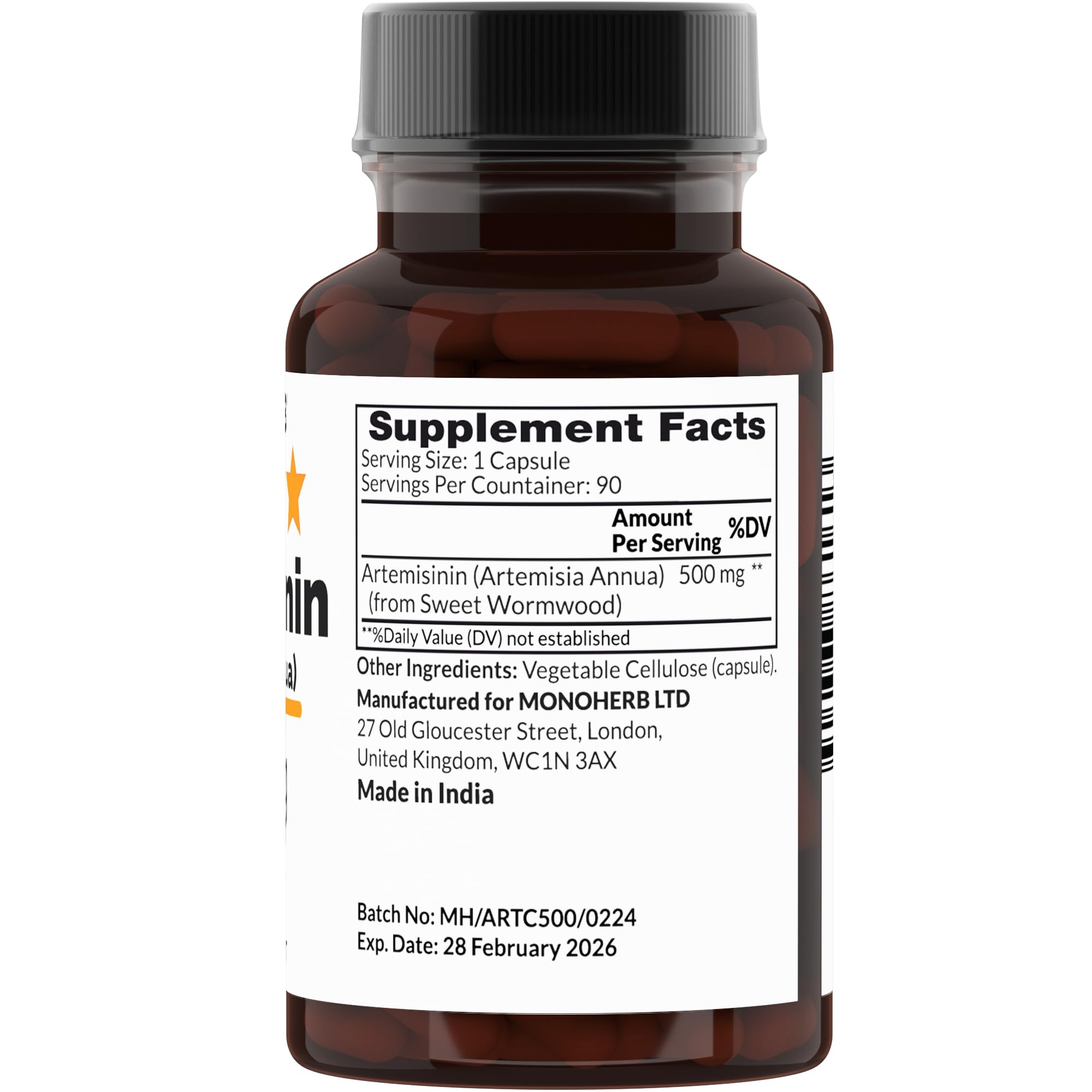 MONOHERB Artemisinin capsules close-up highlighting transparent capsules and no additives
