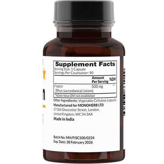 Close-up of MONOHERB Fisetin capsules, easy to swallow for daily cognitive support.