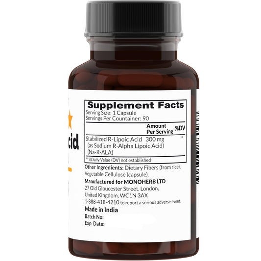 MONOHERB R-Lipoic Acid capsules closeup highlighting vegan, solvent-free formula.