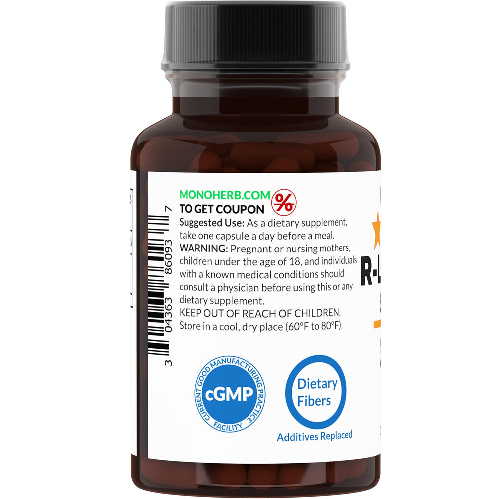 MONOHERB R-Lipoic Acid ingredient list emphasizing non-GMO and allergen-free profile.
