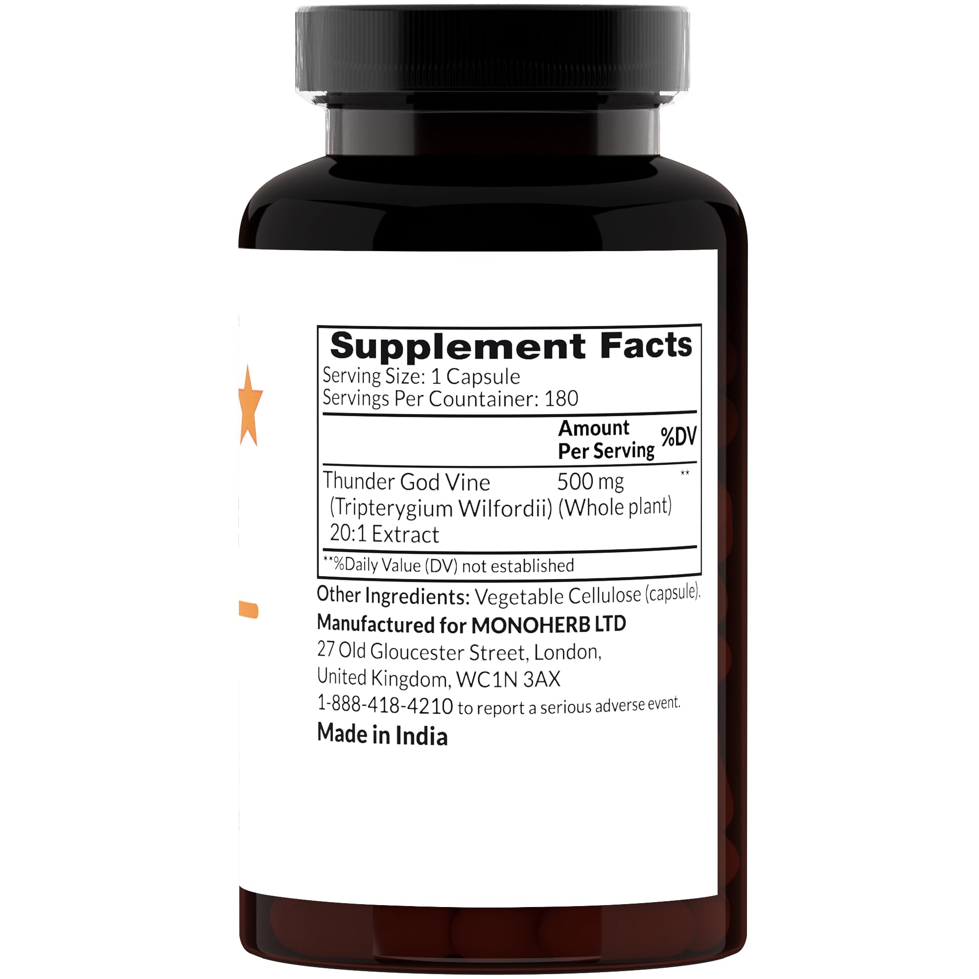 MONOHERB Thunder God Vine capsules closeup shows easy-to-swallow vegan capsules.