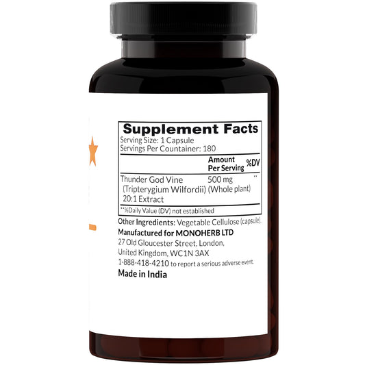 MONOHERB Thunder God Vine capsules closeup shows easy-to-swallow vegan capsules.