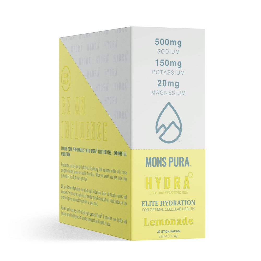 Mons Pura Hydra Lemonade bottle pouring for on-the-go hydration during workouts