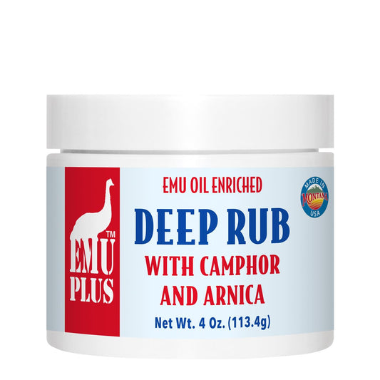 Montana Emu Ranch EMUplus deep rub bottle shown for targeted muscle comfort and massage.