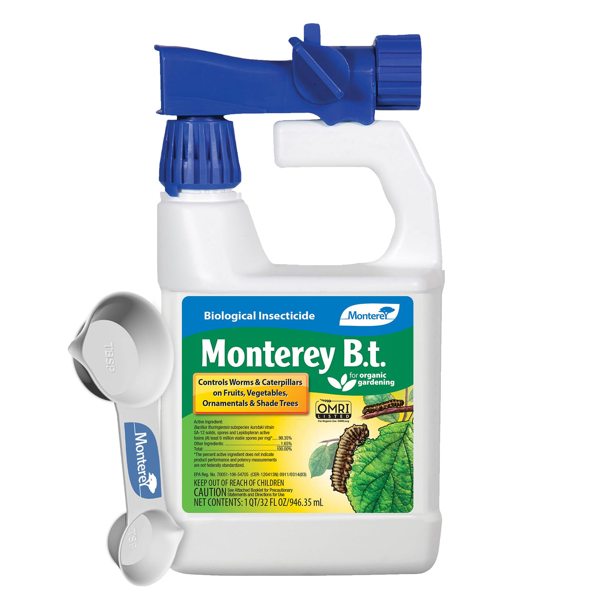 Monterey BT bottle with measuring spoon for organic pest control